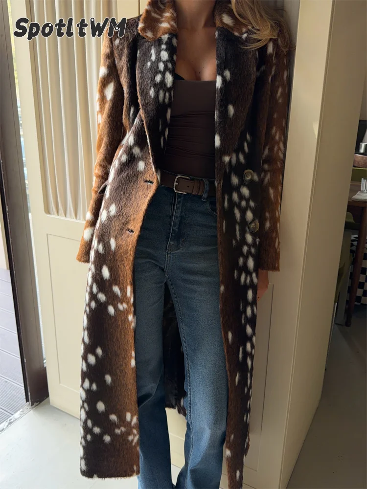 Vintage women Deer Spots Faux Fur Overcoat Chic Cuff Waist Cinching Full Sleeves Long Coats Autumn Winter Lady Street Outwear