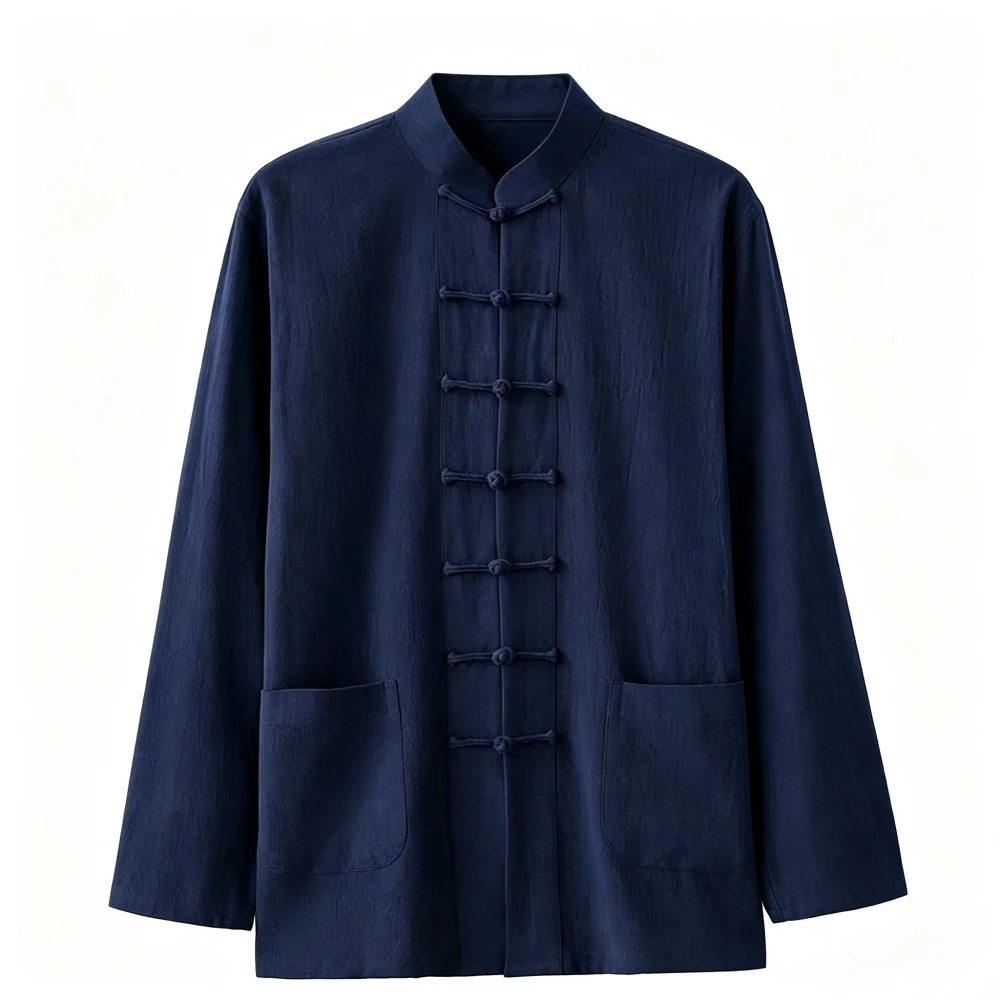 USHINE Vintage Chinese Tang Suit Men Stand Collar Frog Buttons Long Sleeve Cotton Linen Kung Fu Shirt Plus Size 5XL
