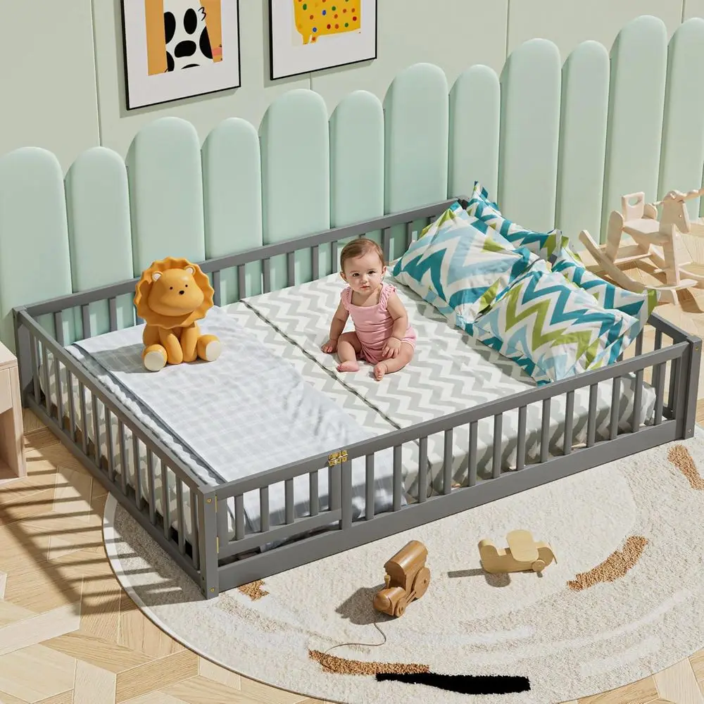 Montessori Kids Floor Bed, Durable Wooden Frame with Slats, Fencing, and Door, Gray, Suitable for Boys & Girls