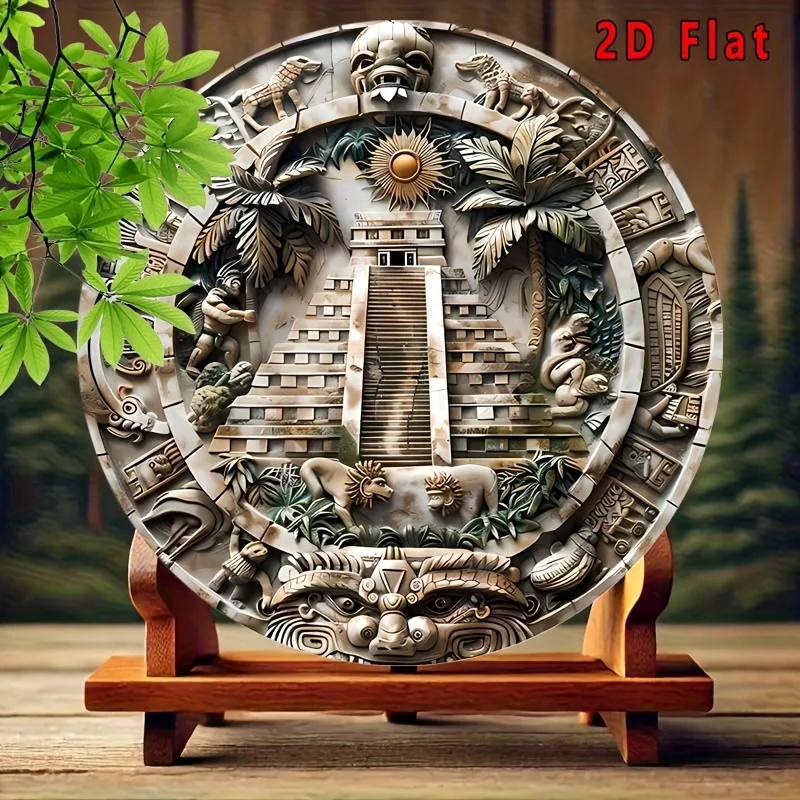 1pc 2D Round Metal Tin Sign, Mayan Pyramid Ancient Stone Carving Plaque, Vintage Culture Art Wall Decor for Living Room Porch Ho