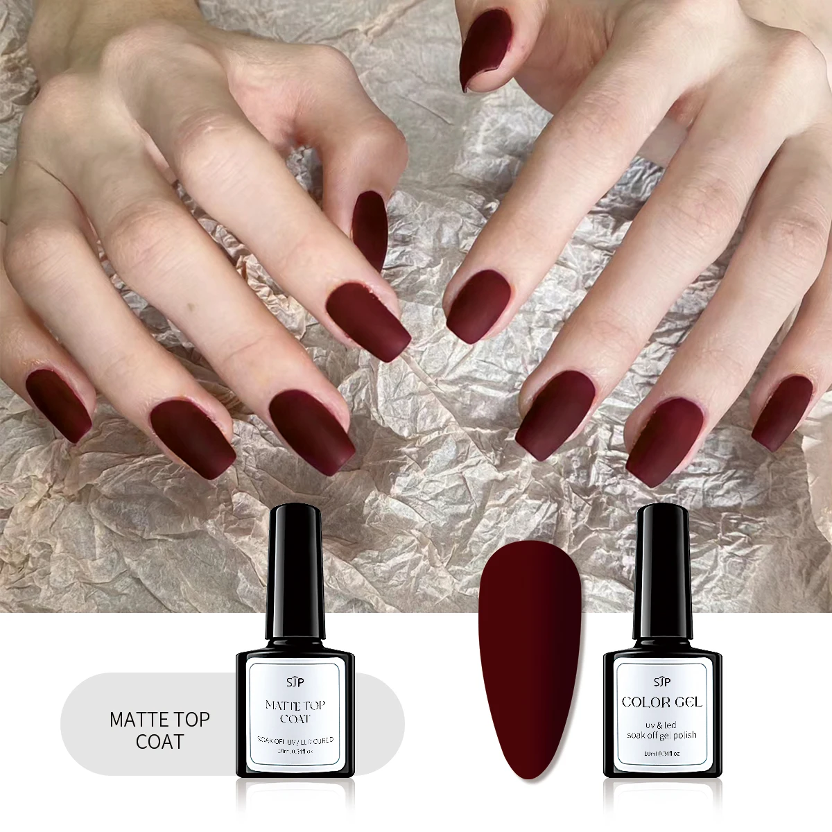 

2 PCS nail polish gel set, black white burgundy UV soaking nail gel with matte top coat for home nail salon beginners