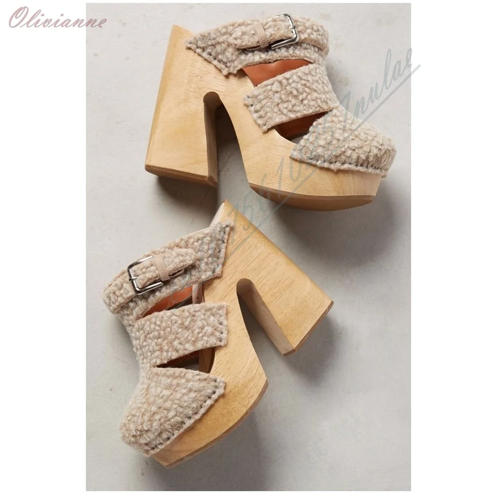 Beige Color Fleece Hollow Elegant Sandals Round Toe Platform Chunky High Heel Fashion Sexy Women Shoes 2026 Fashion Para Mujers