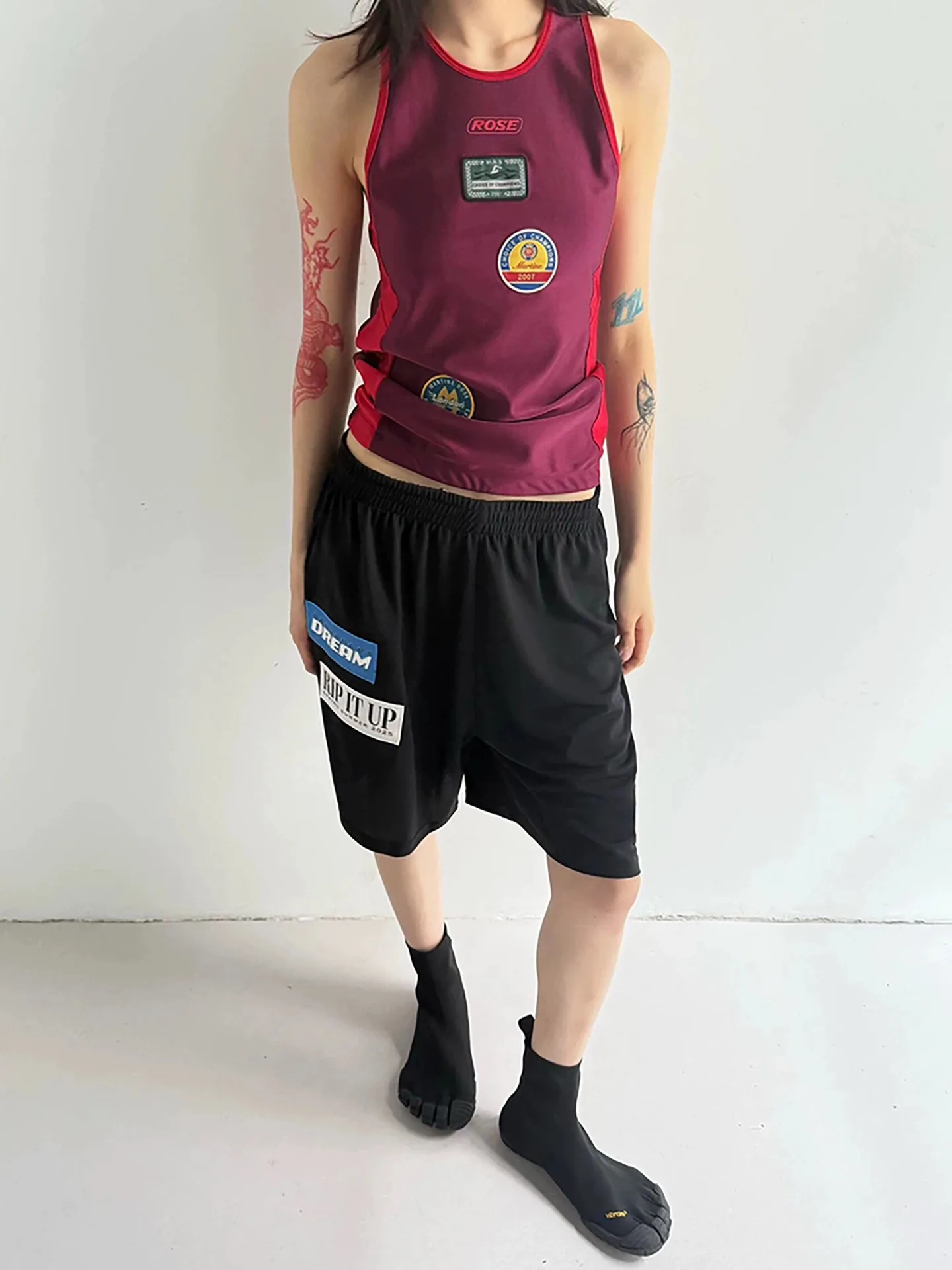 

e Rose 25SS Embroidered Bae Five-Quarter orts Printed Patch Letter Pattern Casual Fooall Pants Youth Active Wear