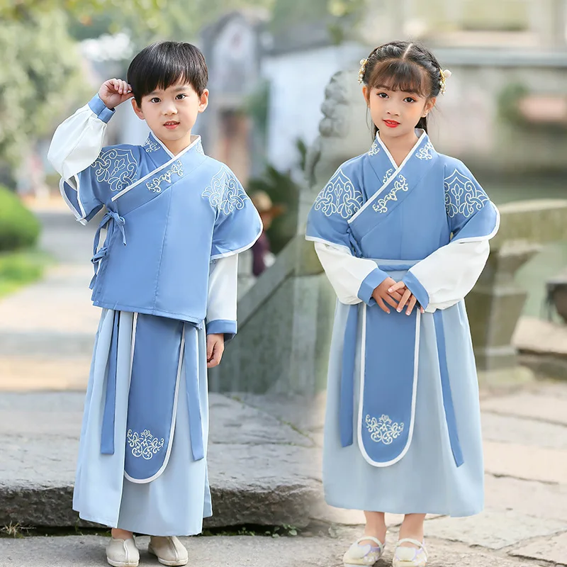 

Spring Summer Swordsman Girls Long Sleeve Perform Costumes Kids Cotton Embroidery Tang Suit Boys Chinese Lovely Ancient Hanfu