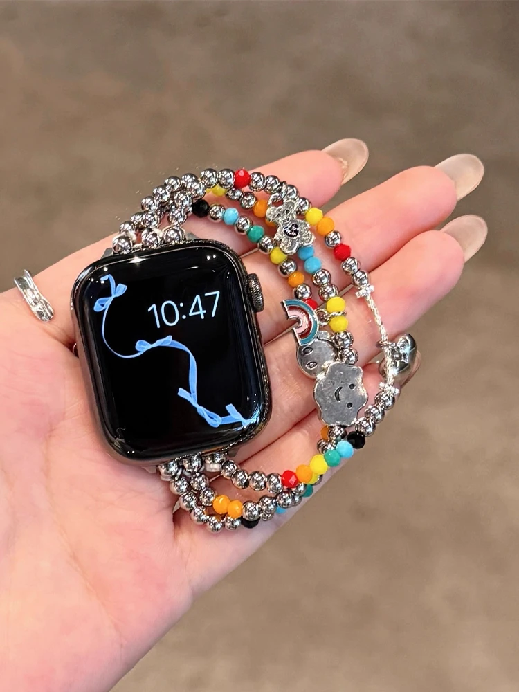 Милый Радужный ремешок для Apple Watch Ultra 10 9 8 7 6 5 4 Металлический женский браслет-ремешок для iWatch 38 мм 40 мм 41 мм 42 мм 45 мм 46 мм 49 мм