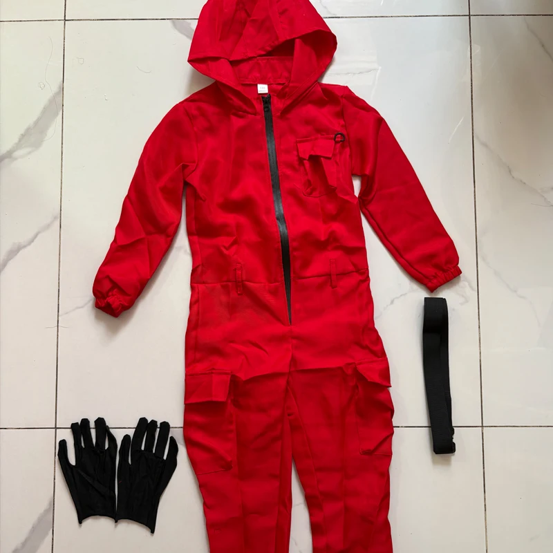 TV Calamari Game Guard Cosplay Costume Red Jumpsuit Outfit Adult Teenagers Tracksuit Hooded Overall Belt Gloves Mask Set Hallowe