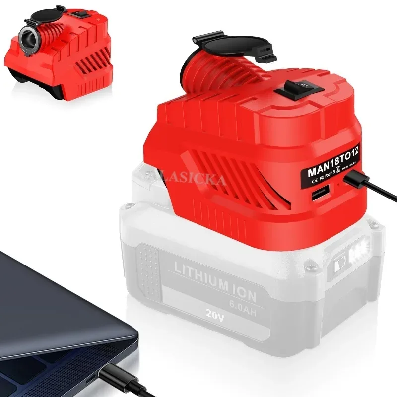 DC 12V Step-Down Inverter Power Adapter with USB and Type-C Ports for Craftsman 20V Lithium Batteries Cigarette Lighter Socket