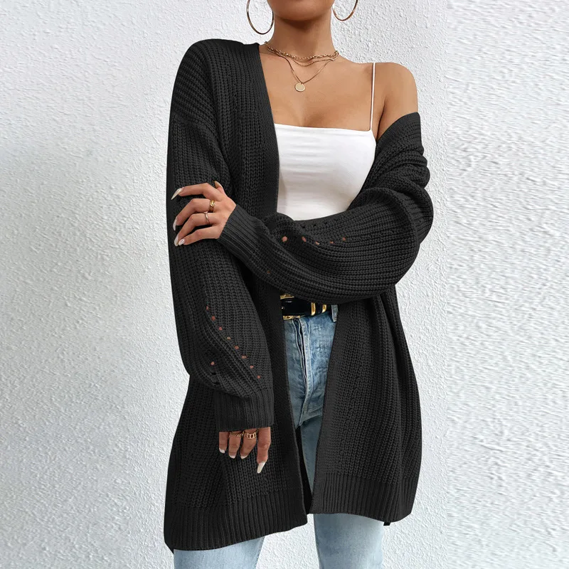 New Autumn And Winter Fashion Women\'s Long Sleeved Mid Length Sweater Jacket Knitted Cardigan V-neck Gray Knitted Cozy Sweater