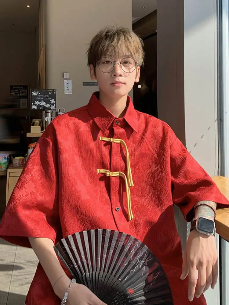 

Летняя мужская рубашка с коротким рукавом, вышитая цветочным узором, в новом китайском стиле, обновленный костюм Тан, Ханьфу, на пуговицах, свободного кроя, повседневная