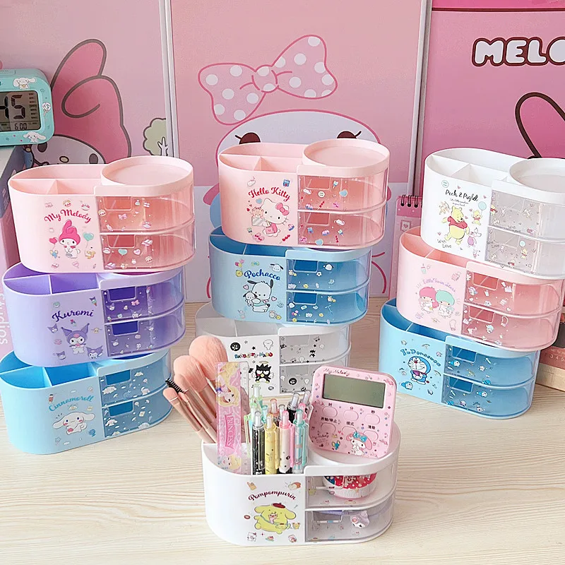 

New Hello Kitty Melody Cartoon Cute Pen Holder Storage Box Student Desktop with Drawer Home Makeup Brush Storage Box