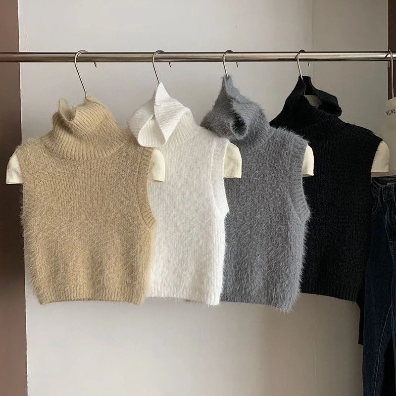 Women's Elegant Fuzzy Turtleneck Sleeveless Knit Vest Figure Flattering Base Layer Layering Top