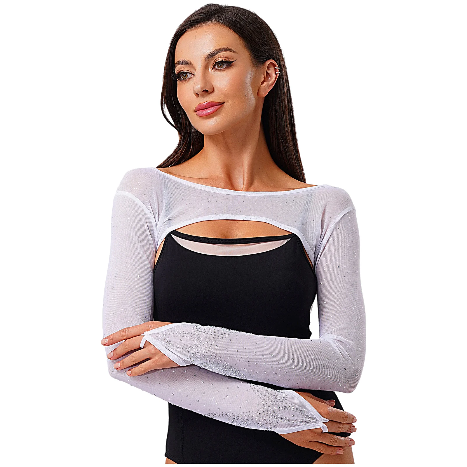 Coprispalle da balletto da donna Top in rete con strass Manica lunga Glitter Pullover Anti Snag Crop Top Ginnastica Danza moderna Top
