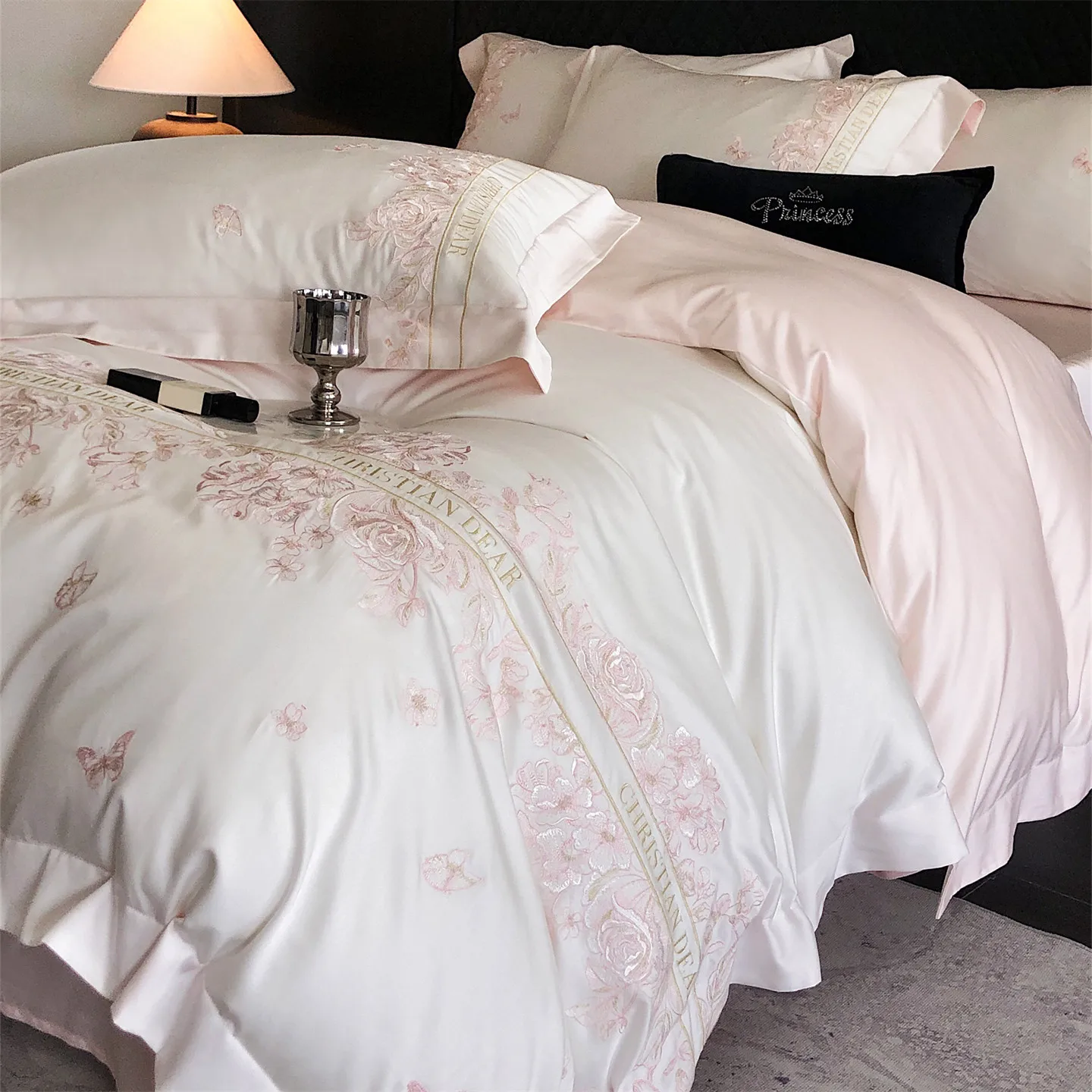 Pink Egyptian Cotton Flowers Embroidery Bedding Set Duvet Cover Bedspread Sheet Pillowcases Mattress Cover King Queen Size