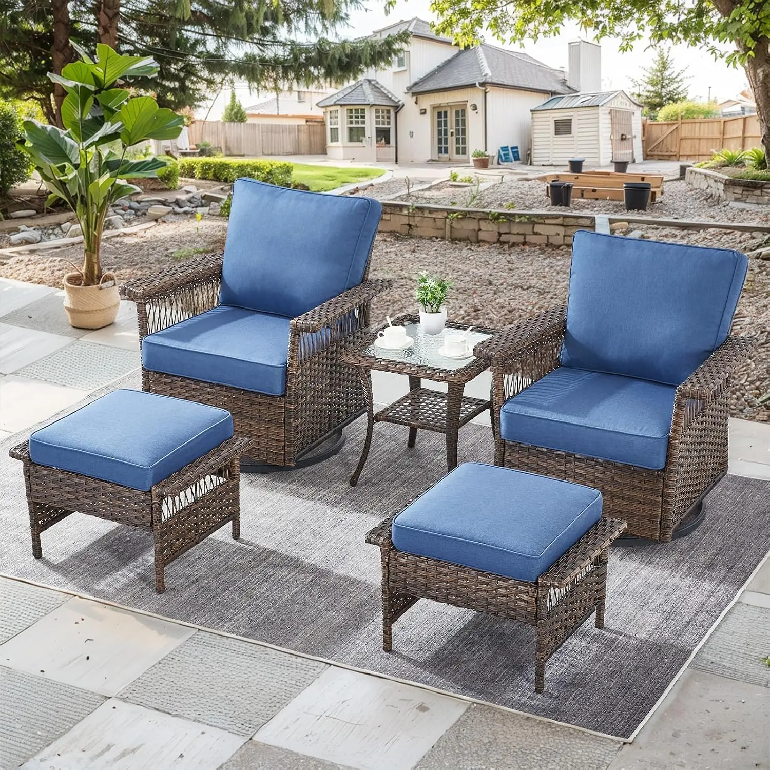 Patio Wicker Swivel Glider Chair & Ottoman Set with Side Table, Blue Cushion 5pcs Outdoor Garden Backyard Furniture, Customized