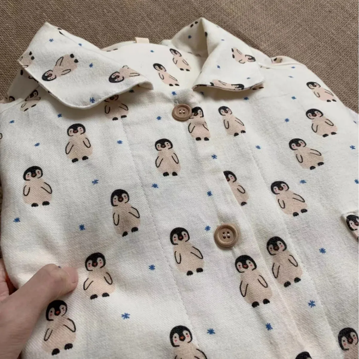 Cute Little Penguin Cotton Flannel Pajamas Set Long Sleeve Long Pants Sleepwear Robe for Women Spring New Arrival Outerwear