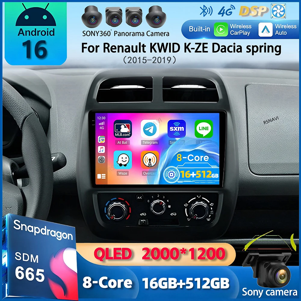 Radio Multimedia para Auto Android 16 con Carplay, WIFI+4G para Renault KWID K-ZE Dacia Spring 2015-2019, Reproductor de Video GPS 2din Estéreo
