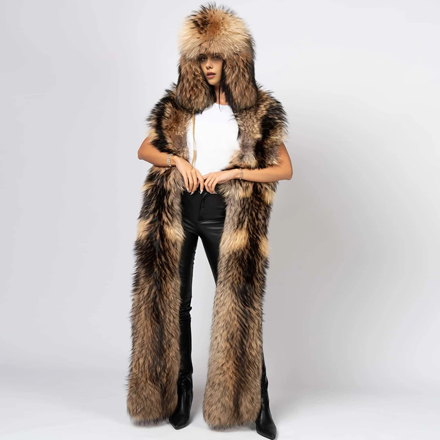 

Natural Full Skin Boa For Women Winter Real Raccoon Fur Jacket Fashion Genuine Fur Cape Long Raccoon Fur Scarf