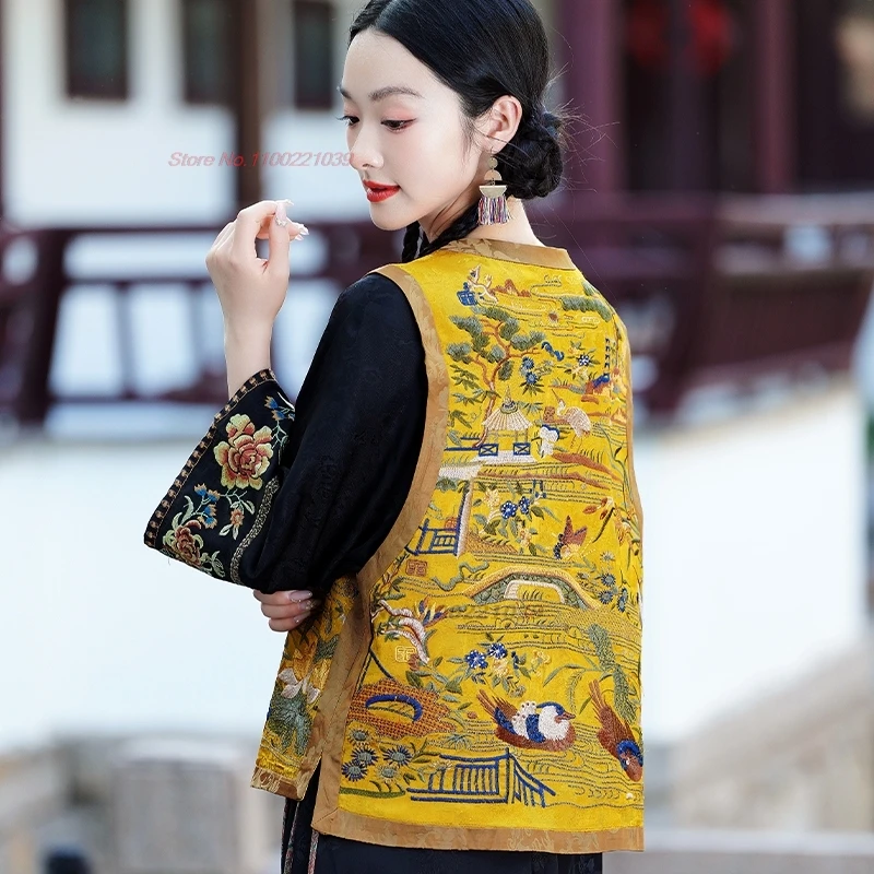 2025 الوطنية زهرة التطريز الساتان الجاكار س الرقبة سترة سترة الشعبية التقليدية الرجعية hanfu القمم الصينية جاكيت بلا إكمام