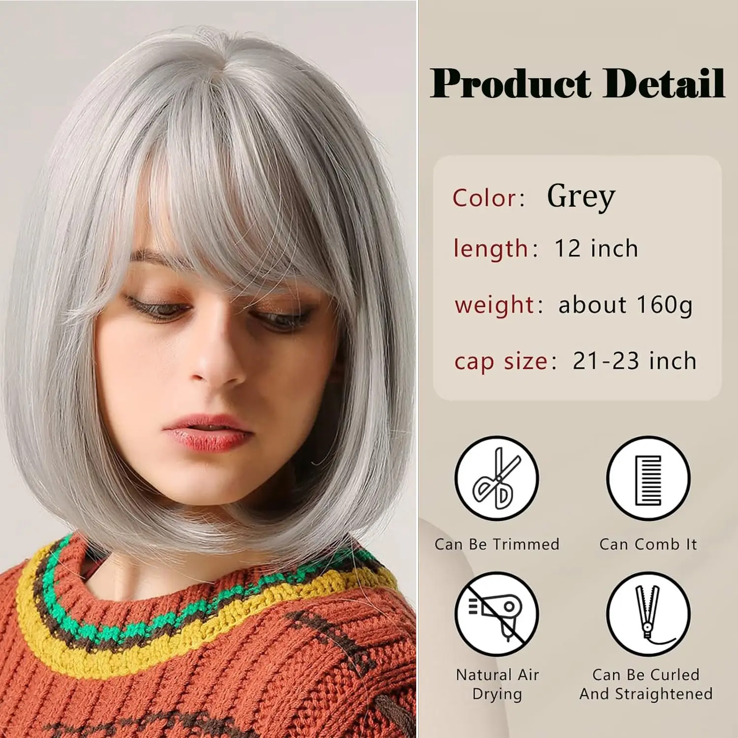 Short bob hairstyle grey synthetic wig for Halloween cosplay, role-playing, daily party, high-temperature hair accessory