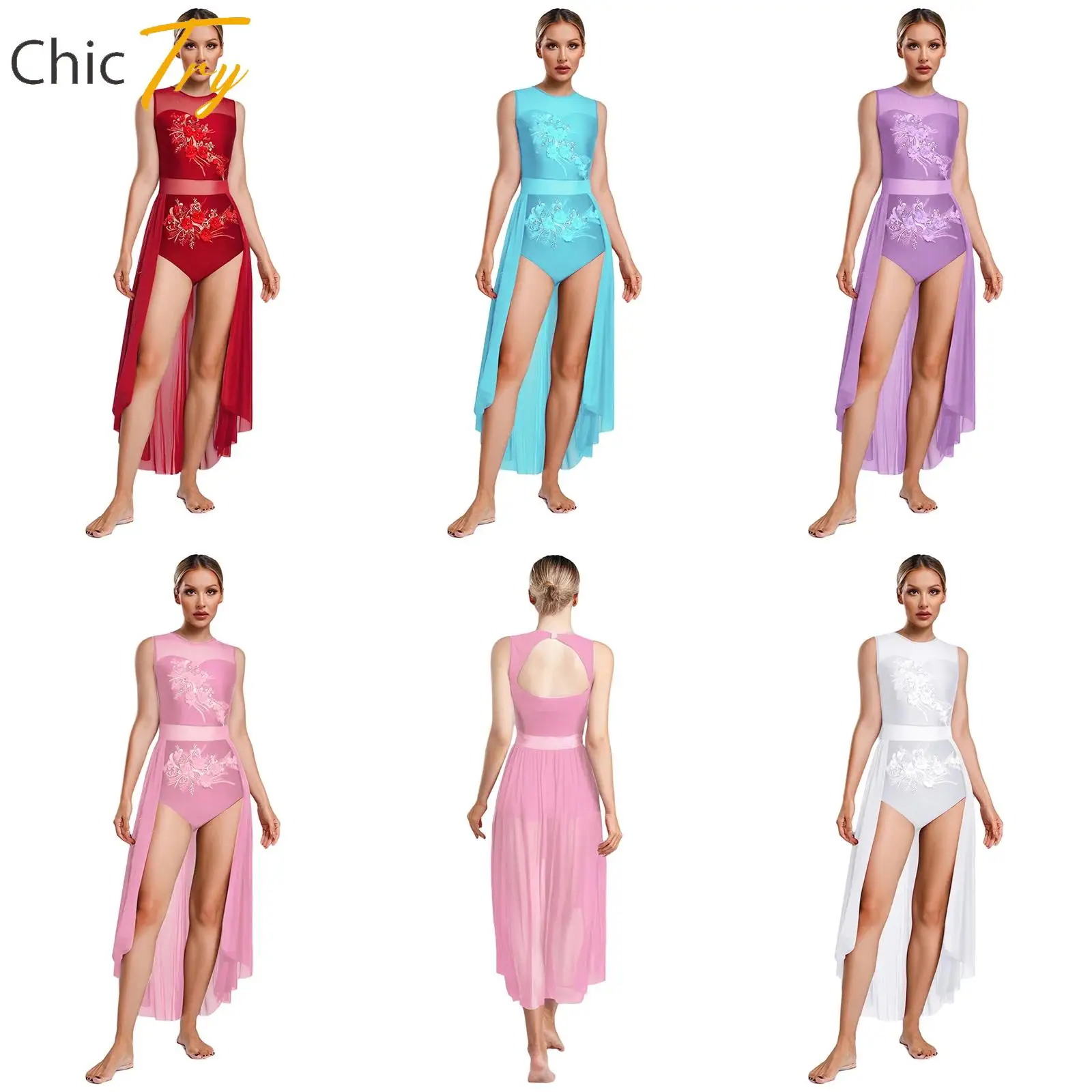 

Sleeveless Applique Flower Lyrical Contemporary Dance Dress Cutout Back Overlay Flowing Dress Performance Dancewear for Womens