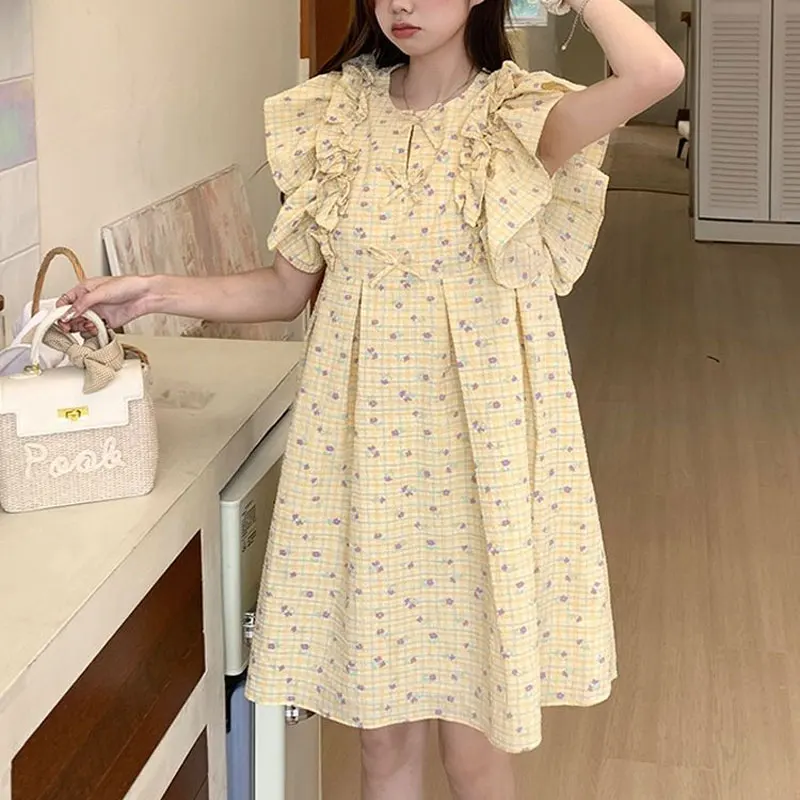 Fashion Ruffles Flying Sleeve Midi Dress Female Clothing Korean Broken Flowers Summer New Spliced Sweet Bow Loose A-Line Dresses