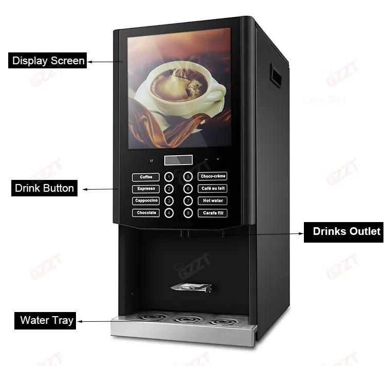 GZZT Commercial Vending Instant Beverage Machine Coffee Maker with Espresso Latte Cappuccino Mocha Hot Chocolate Americano