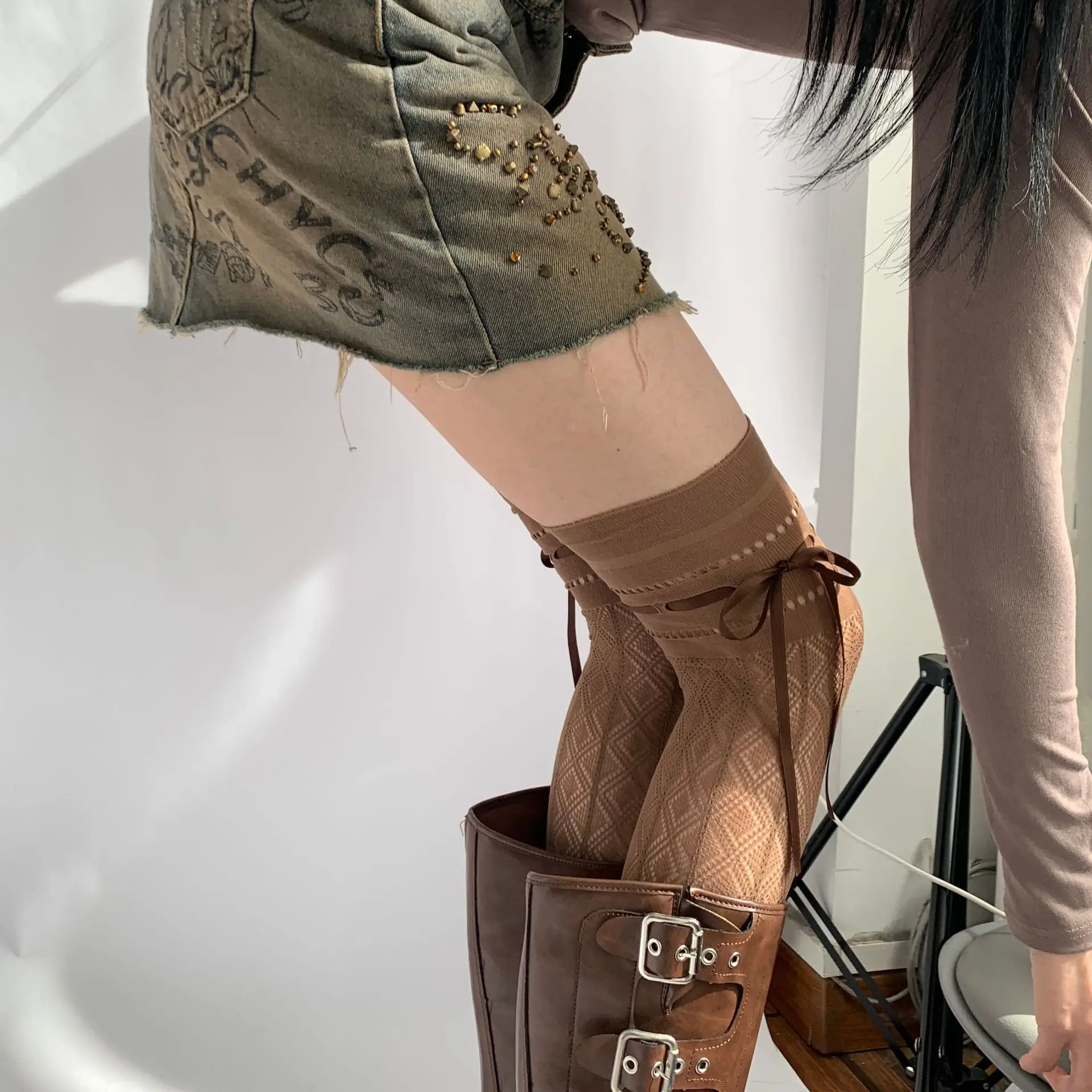 Calze sovrapposte a nastro Calzini alti al ginocchio in pizzo delicato sulla pelle Calzini lunghi in cotone lavorato a maglia Calzini in pizzo sopra il ginocchio Y2k per casual