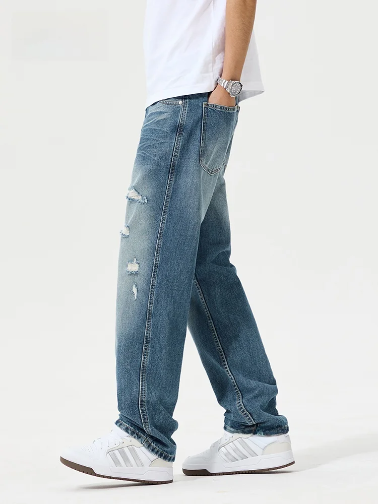 

Мужские джинсы JFU свободного прямого кроя для лета, в американском ретро-стиле, с рваными элементами, удлиненные, повседневные, широкие, из денима