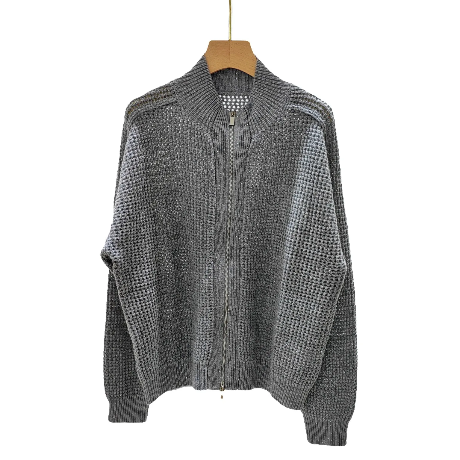 

Early Autumn Cashmere Loose Long Sleeve Heavy Sequin Hollow Zipper High Quality Cardigan for Women