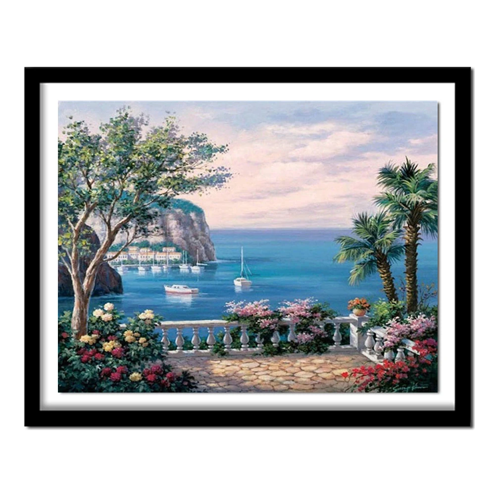 Beauty Life Diamond  Landscape seaside mountain town dimensional embroidery 3D DIY diamond painting nature scroll painting