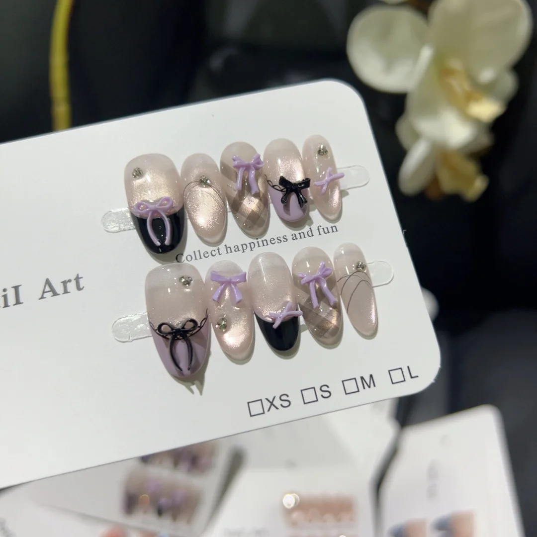 

10PCS Aurora Purple Cat Eye Medium Oval Press on Nails Handmade 3D Bowknot Diamonds Fake Nails Sweet Dark Spice Girls False Nail