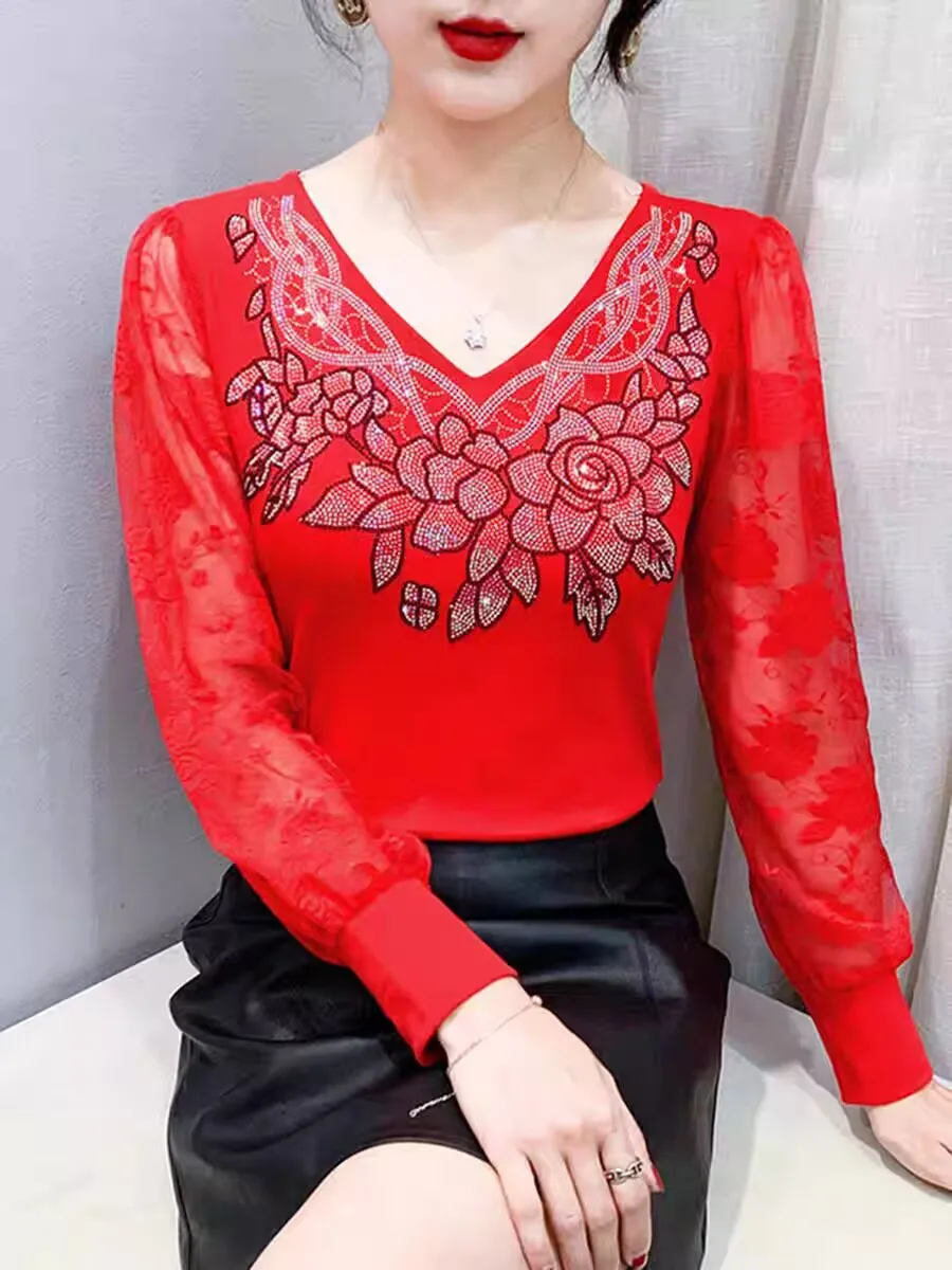 2025년 프렌치 스타일 다이아몬드 세트 프린트 플라워 티셔츠 가을 겨울 여성 우아한 레이스 아트 여성용 코튼 통기성