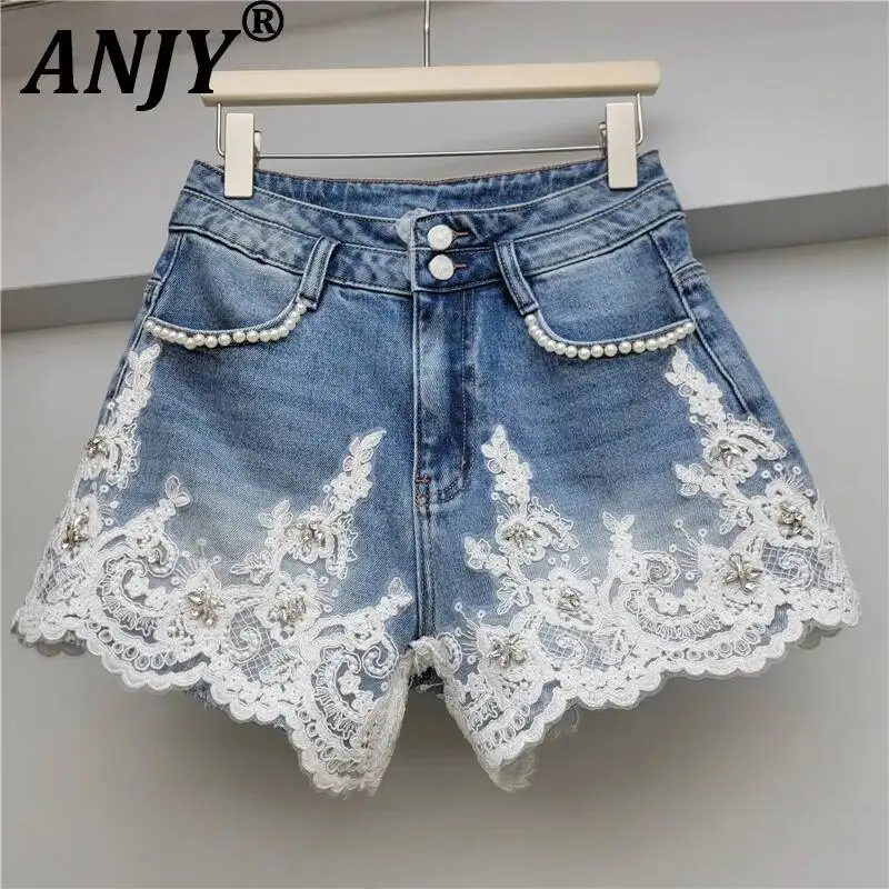 ANJY Summer New Women Sweet Tide Heavy Lace Patchwork Diamond Pearl Denim Shorts Distressed Washed Vintage Chic Hot Pants A24528
