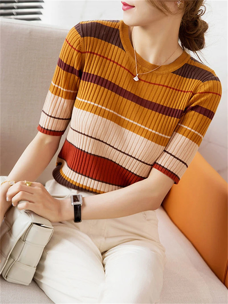 Summer New Contrast Stripe Short sleeved T-shirt Women\'s Garden Neck Knitwear Women\'s Top 5161