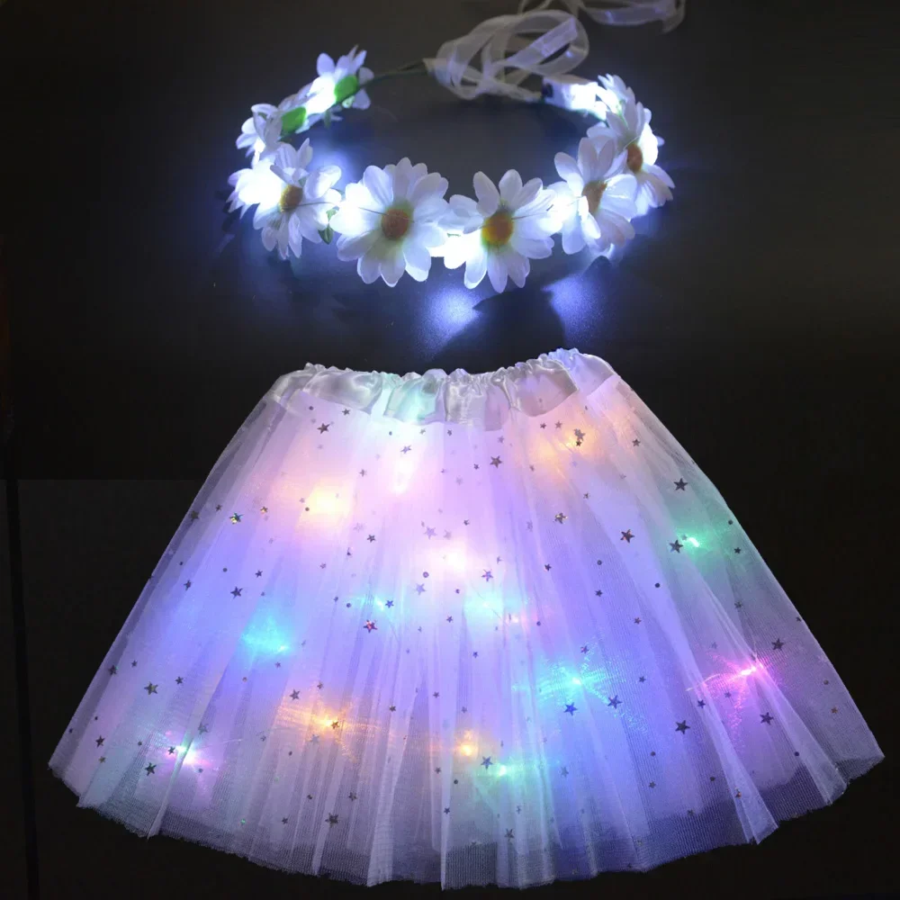 Glow Light LED Girl Kids Star Tutu Skirt Birthday Gift Party Child Dance Flower Wreath Cosplay Wedding Festival