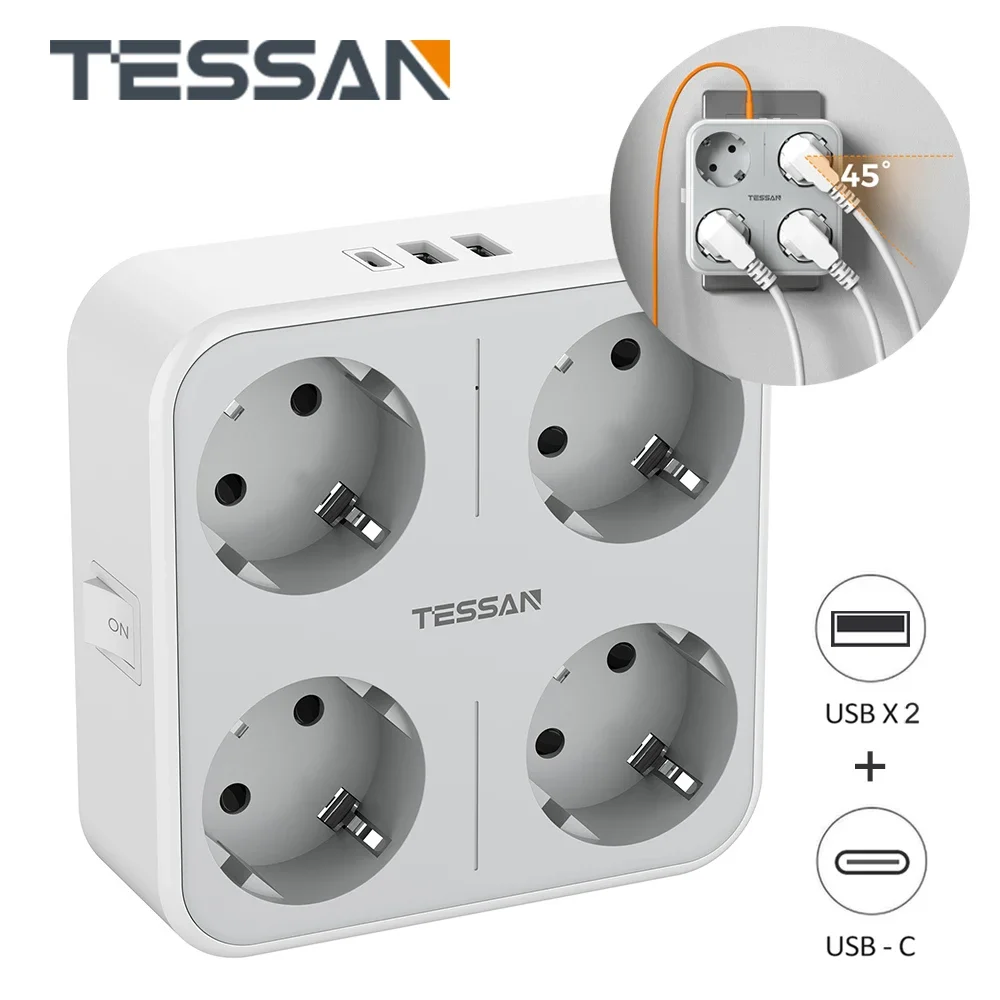 TESSAN Wielokrotna wtyczka Europejska listwa zasilająca z włącznikiem/wyłącznikiem Gniazda AC Porty USB 5V 2.4A/3A Adapter wtyczki Ochrona przed