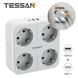 TESSAN Wielokrotna wtyczka Europejska listwa zasilająca z włącznikiem/wyłącznikiem Gniazda AC Porty USB 5V 2.4A/3A Adapter wtyczki Ochrona przed przeciążeniem