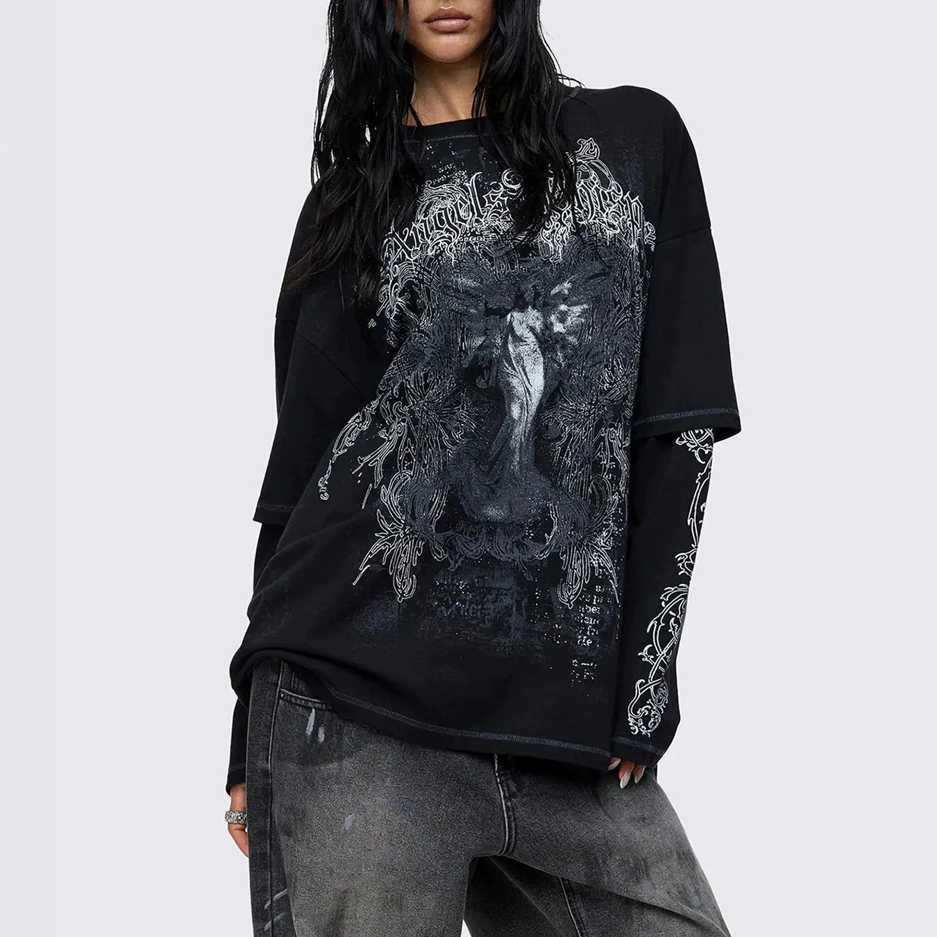 2026 Autumn Winter New Y2K Dark Angel Letter Print Fake Two Piece Long Sleeve T-shirt for Street Daily Outfits