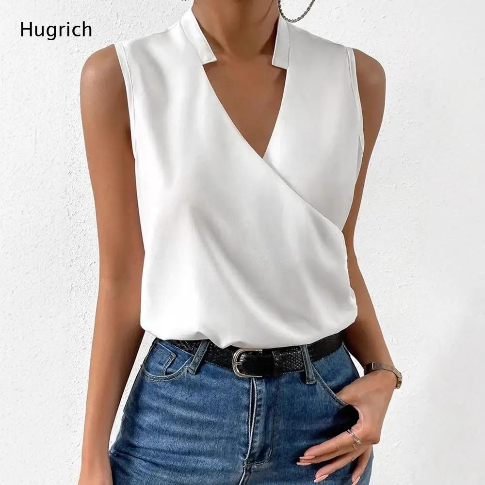Women's Sleeveless V-Neck Wrap Top - Chiffon Solid Color Casual Blouse for Summer Spring Office Work Daily Wear Elegant Basic