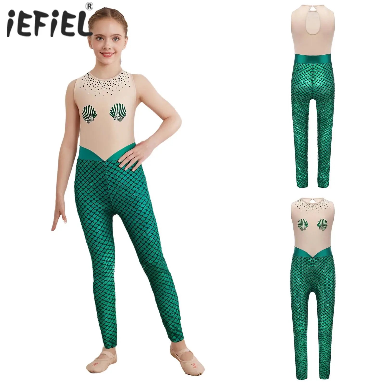 

Kids Girls Mermaid Cosplay Costume Fish Scale Leotard Rhinestones Long Pants Jumpsuit Role Play Theme Party Stage Performances