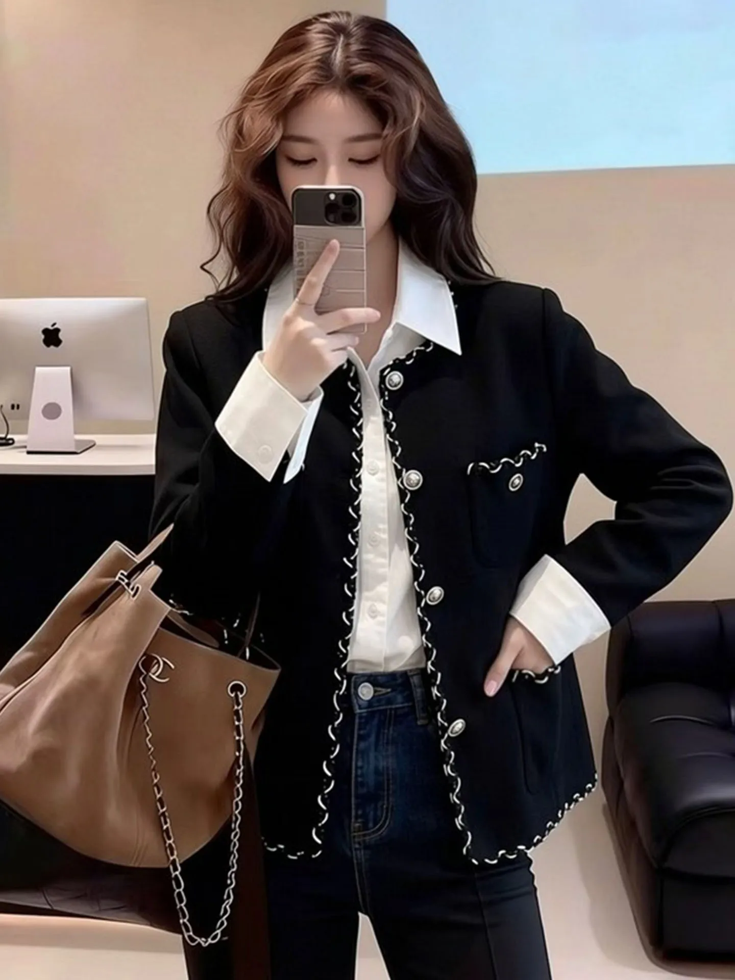 

Ele ort Bla Outerwear Women's Faion Spring 2026 Slimming Top Ladylike Perfume Sle Luxury Feel Stand Fit Coat