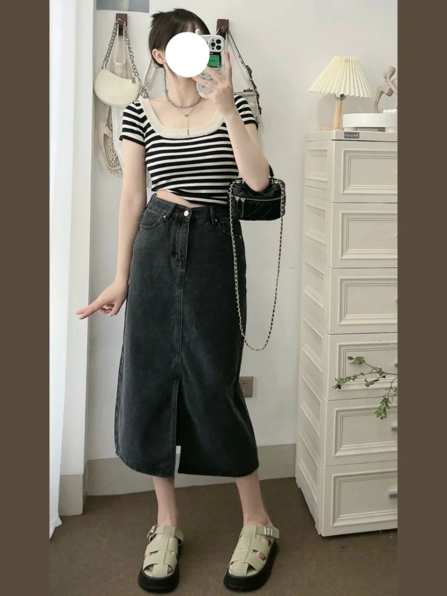 Saia midi de cintura alta assimétrica bainha jeans feminina verão plus size coreano sle emagrecimento bodycon saia