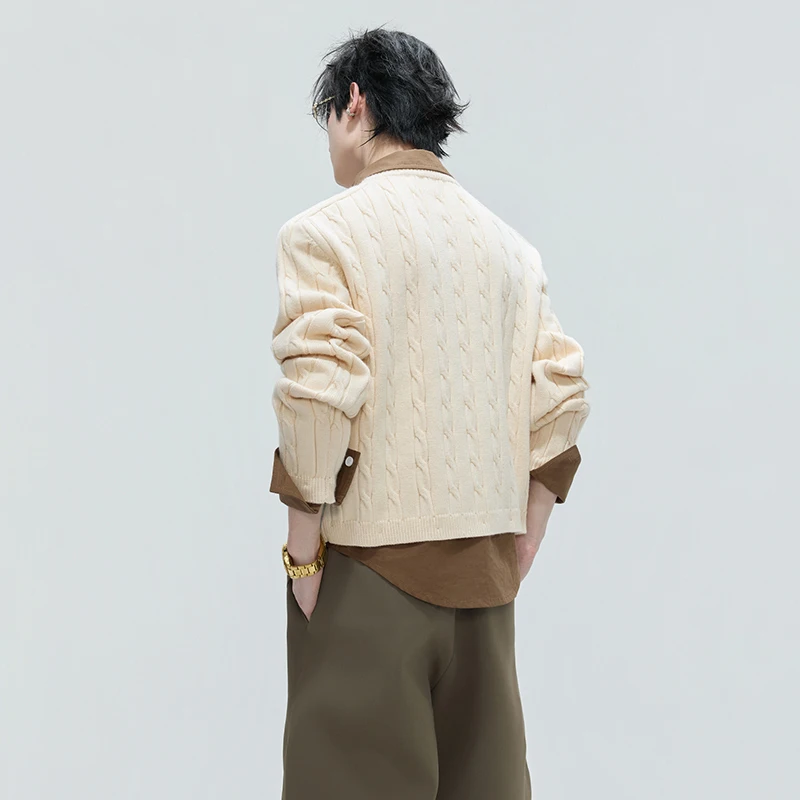 LUZHEN 2025 Autumn Winter New Fake Two Piece Design Knitted Pullover Men's Fashion High Quality Embroidery Pearl Sweater JY4822