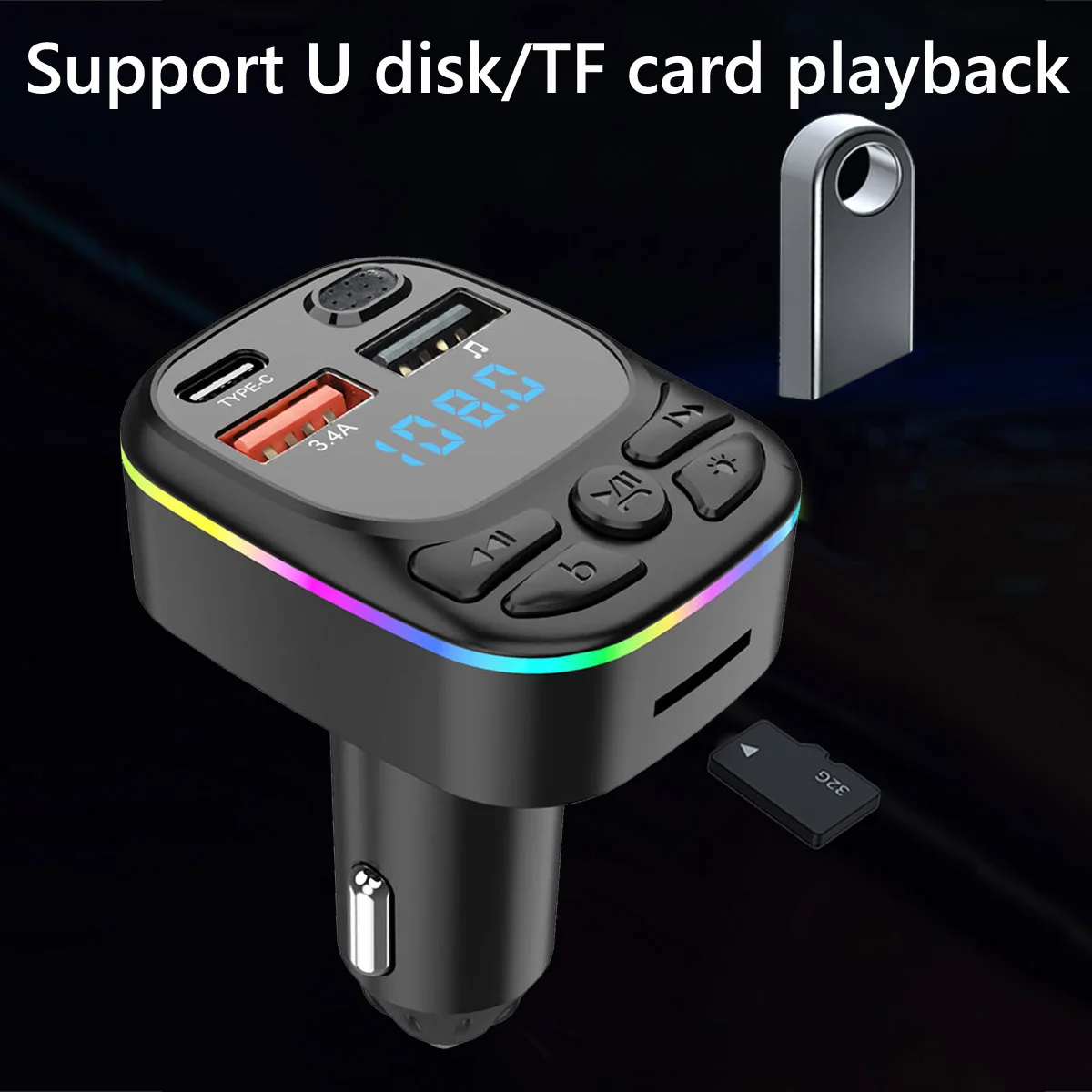 FM Transmitter Support TF Card U Disk Car MP3 Player Dual USB C Type C Car Charger Phone Charging Handsfree Calling Car Kit