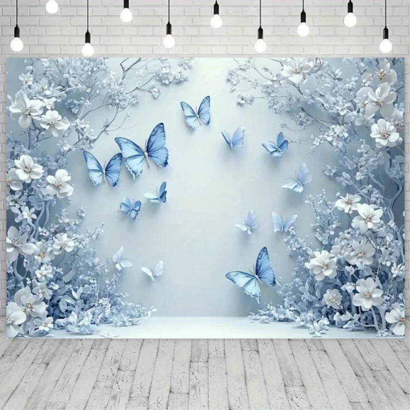 1 Stück, 2D flacher, eleganter Fotohintergrund mit Blumen und Schmetterlingen – Partybanner aus Polyester, geeignet für Fotohintergründe, wsj