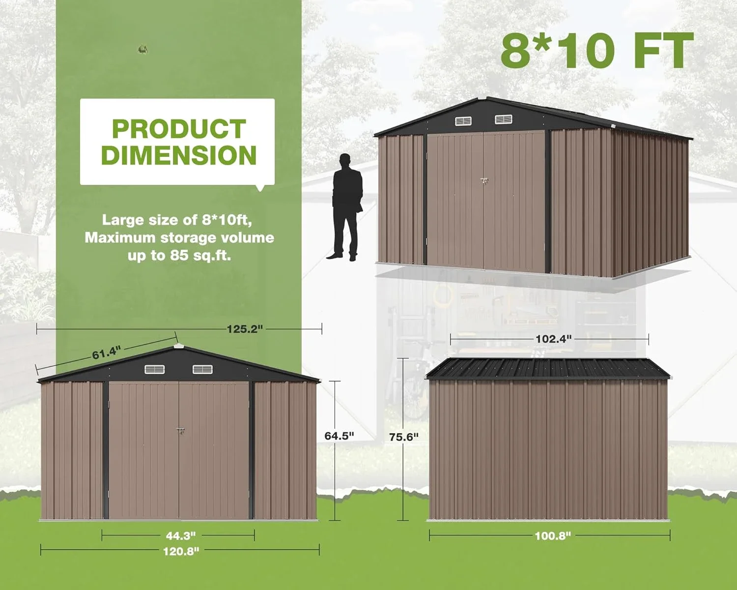 Shed 10FT x 8FT, casa de armazenamento de ferramentas utilitárias de aço com porta e fechadura, galpões de metal para armazenamento externo para jardim de quintal