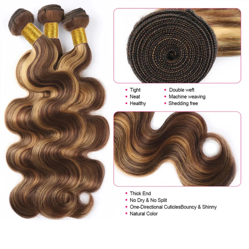 Evidenziare l'onda del corpo fasci di capelli umani brasiliani Remy 100% veri capelli umani 1/3 Bundle Color P4/27 estensioni del tessuto 26 28 30 pollici