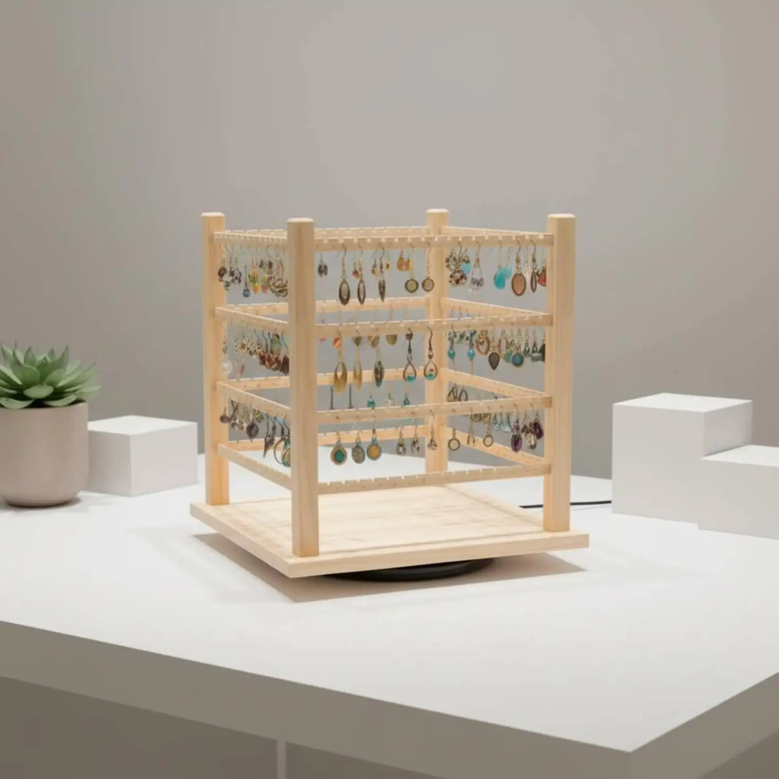 Jewelry Display Stand Solid Wood Rotating Earring Organizer with Multiple Tiers for Shop Counter Showcase