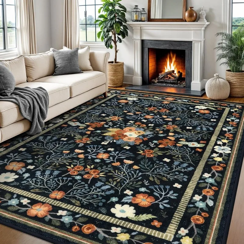

Черный винтажный ковер для гостиной, большой ковер с растительным цветочным принтом, ковер для спальни, который можно стирать в машине, нескользящий мягкий коврик для журнального столика, Tapis