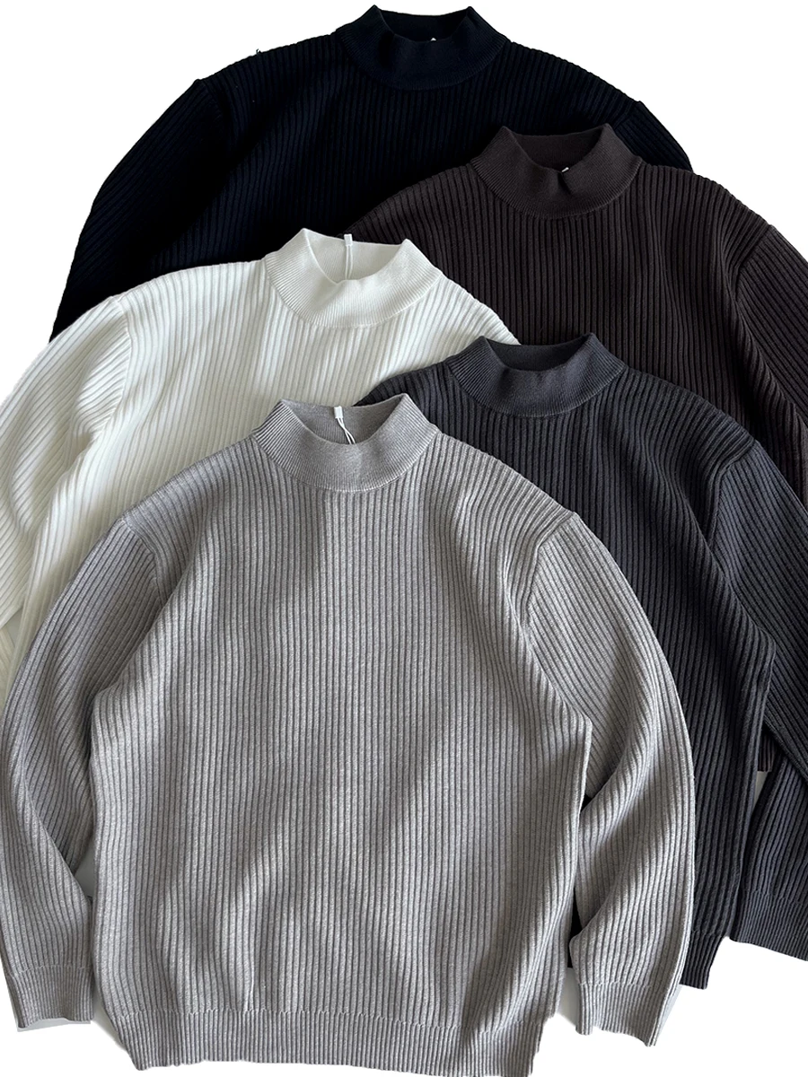 

Loose Fit Japanese Sle Knitted Sweater f High Collar Striped Cozy Versatile Warm Overhead Men's Faion Autumn Wear